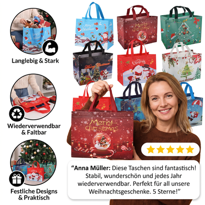 Wiederverwendbare Weihnachts-Geschenktaschen mit Griffen – Verschiedene festliche Designs