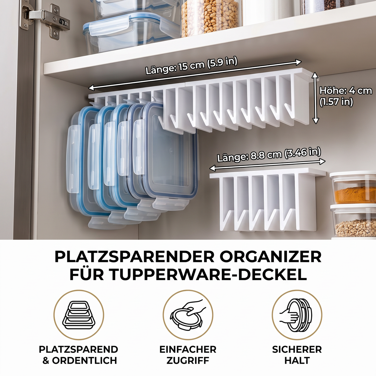 Platzsparender Organizer-Ständer für Tupperware-Deckel