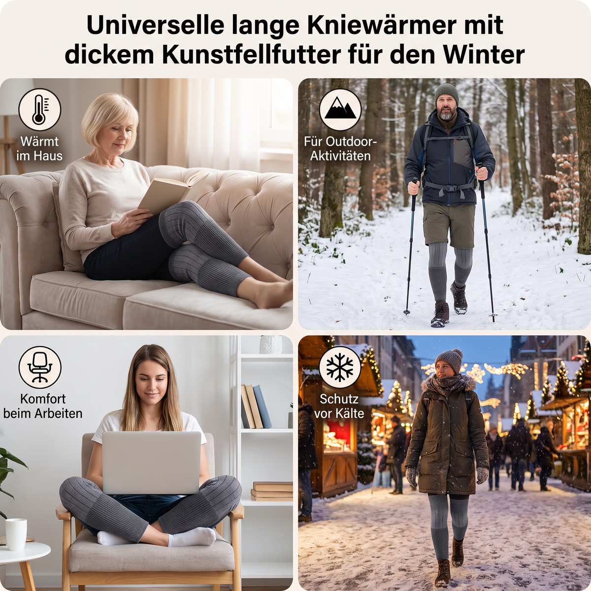 Universelle lange Kniewärmer mit dickem Kunstfellfutter für den Winter