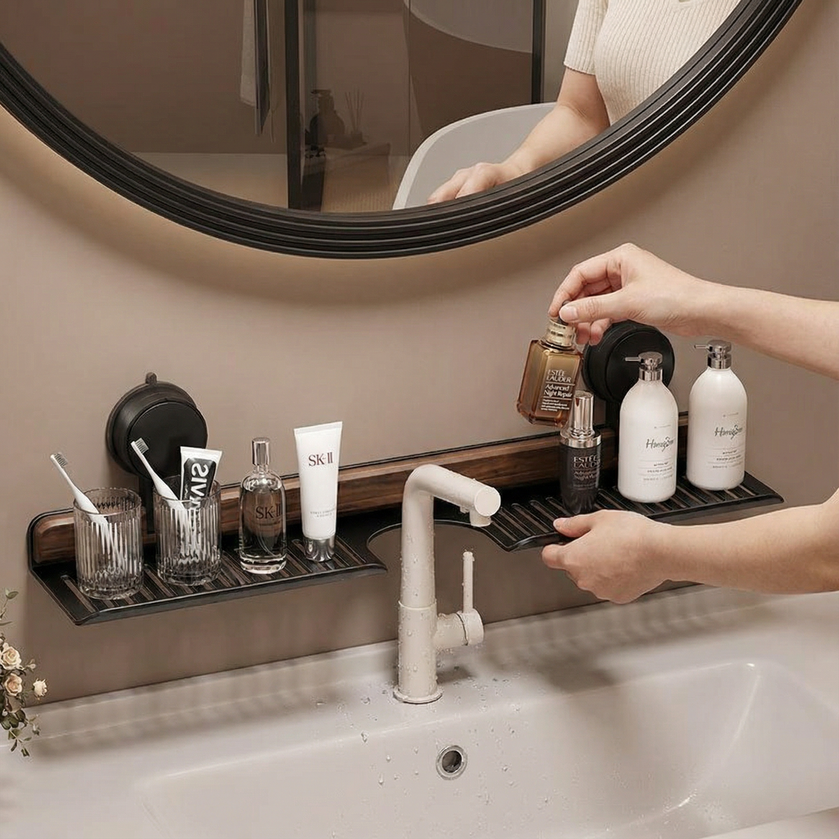 Badezimmer Saugnapf Waschbeckenablage im Walnuss Design – Raumnote