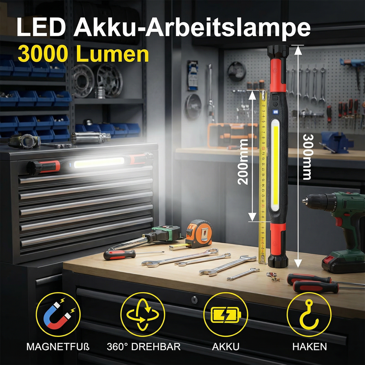 LED Akku-Arbeitslampe 3000 Lumen – Magnetfuß & Haken, 360° drehbar