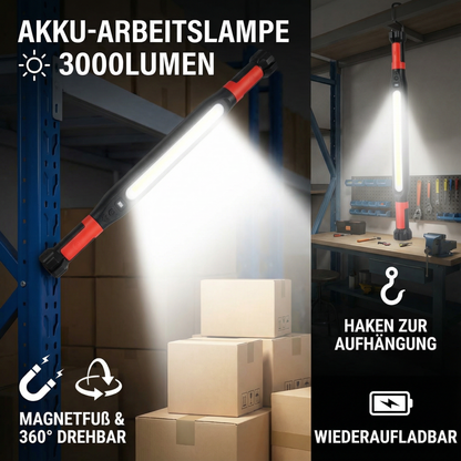 LED Akku-Arbeitslampe 3000 Lumen – Magnetfuß & Haken, 360° drehbar
