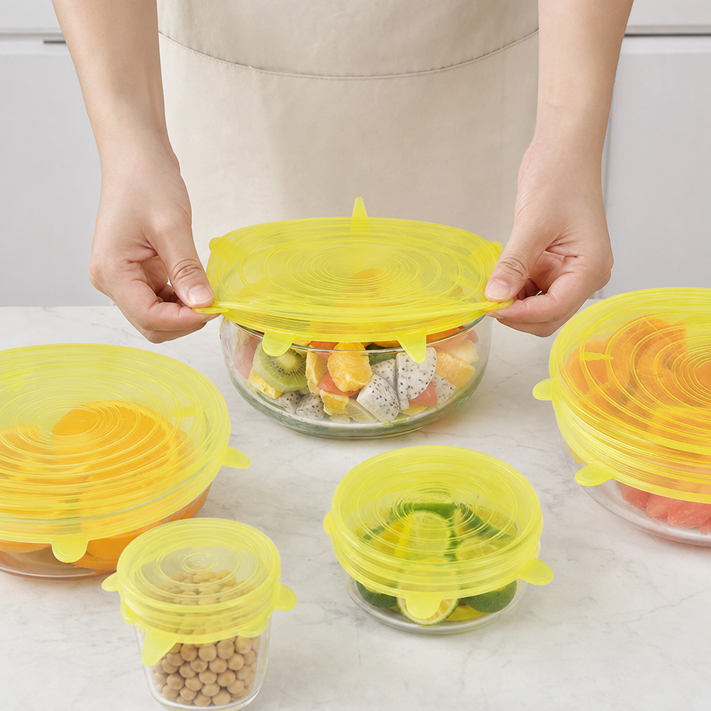 6-teiliges Silikon-Stretchdeckel-Set – Wiederverwendbare BPA-freie Frischhalteabdeckungen